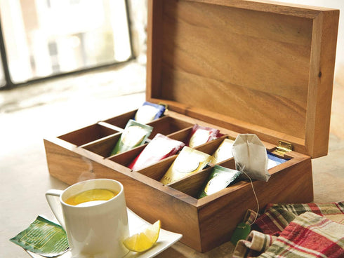 Rectangular Vauxhall Double Tea Box Ironwood Gourmet, Acacia Wood, Brown, 10 Compartment