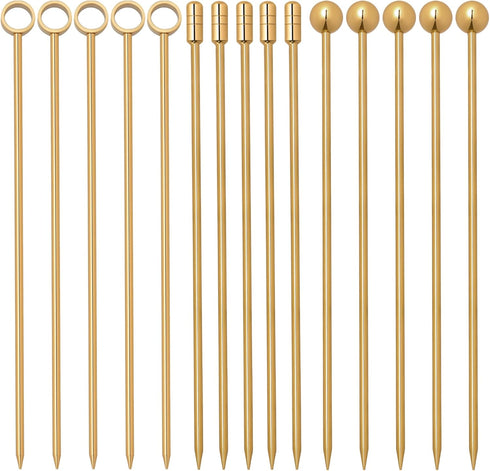 I-MART 15 Pack Stainless Steel Cocktail Picks, Reusable Metal Garnish Sticks for Drinks, Appetizers, 4.25 Inch (Gold)