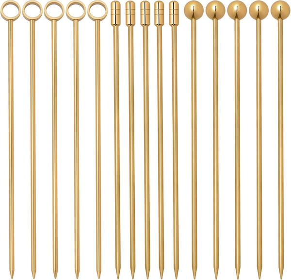 I-MART 15 Pack Stainless Steel Cocktail Picks, Reusable Metal Garnish Sticks for Drinks, Appetizers, 4.25 Inch (Gold)