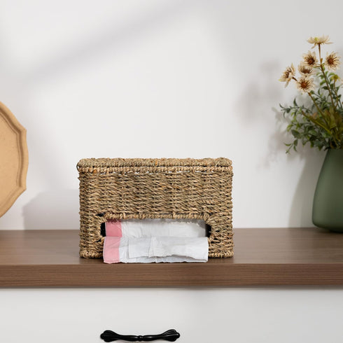 Countertop StorageWorks Trash Bag Holder with Lid, Wall Mount Seagrass Plastic Bag Holder for Kitchen, Cabinet