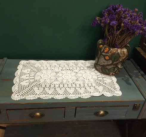 White Handmade Crochet Cotton Table Runner, Lace Doilies, Rectangle Dresser Scarves, 16 by 24 Inches