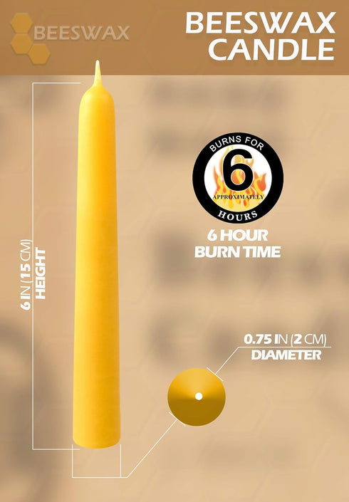 Hyoola 6" Beeswax Taper Candles, 6 Hour Burn Time, Yellow Beeswax Candles, 2 Pack