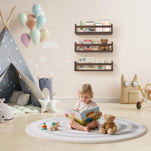 16.5 Inch Set 3 Floating Wall Nursery Book Shelves for Bedrooms Kids Walnut Color Wooden Baby Book Shelf for Kids Rooms