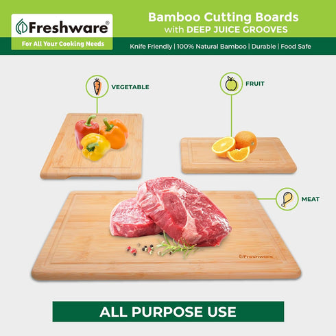Freshware Wood Cutting Boards for Kitchen, Bamboo Set of 3, Juice Grooves, Easy Grip Handle