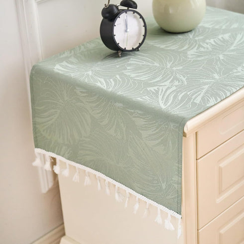 15.7x35.4 Inch Rectangular Tablecloth Green Leaves Pattern with Fringe Edge Waterproof Washable Jacquard Fabric Long