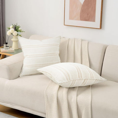 18X18 Set 2 Decorative Farmhouse Linen Throw Pillow Covers, Boho Textured Pillow Case of ,Beige with White & Brown