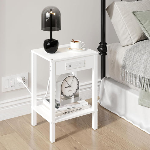 MMEOLUOOK 2-Tier MLBZ14WE End Table with Charging Station, Nightstand with Storage Shelf,Modern Side Table,Bedside