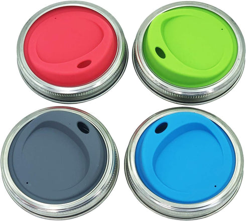 Reusable Food Grade Silicone Sip Lid Kit with Stainless Steel Rings for Mason Jars, Pack of 4 Sets (Wide Mouth)