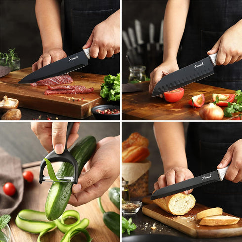 Keewah 19 Pieces Kitchen Knife Set, 15 Stainless Steel Knives with Wood Texture Handle & Acrylic Stand
