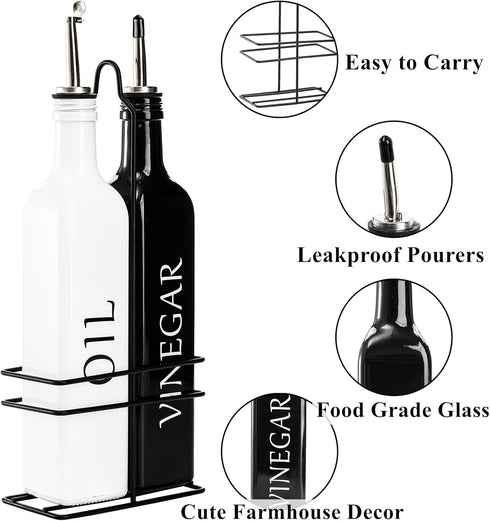 2 Pack Set 17oz Tebery Oil and Vinegar Dispenser with Caddy Holder, Black & White Olive Oil Dispenser Bottle, Cute