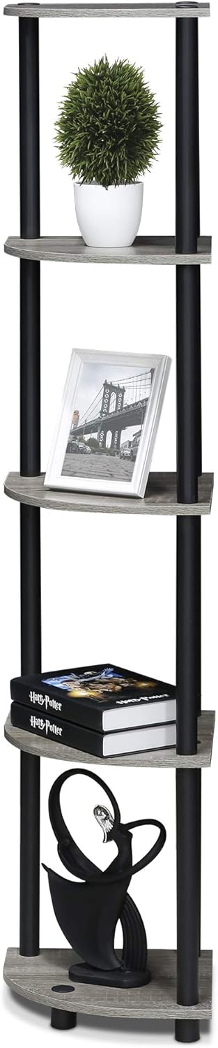 Furinno Turn-N-Tube 5 Tier Corner Display Rack, Multipurpose Shelving Unit, 1-Pack, French Oak Grey/Black