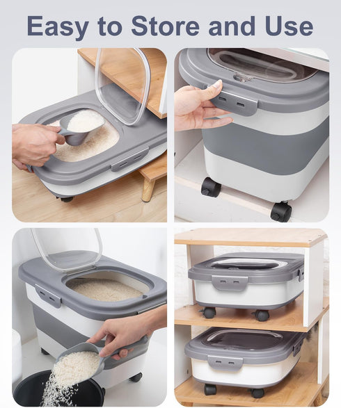 20-30 Lbs Rice Storage Container,Collapsible Food Storage Containers with Rolling Wheel Airtight Locking Lid,Flour