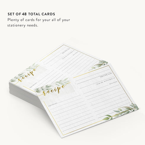 Dashleigh Farmhouse Greenery Recipe Cards, 48 Double Sided 4x6 Cards with Gold Foil, Sage Green Rustic Kitchen Gift