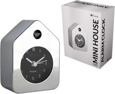 Fisura Travel Alarm Clock Chrome. Silent Analog Clock with Non-Ticking Mechanism, Small Original