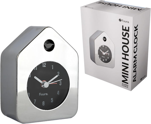 Fisura Travel Alarm Clock Chrome. Silent Analog Clock with Non-Ticking Mechanism, Small Original