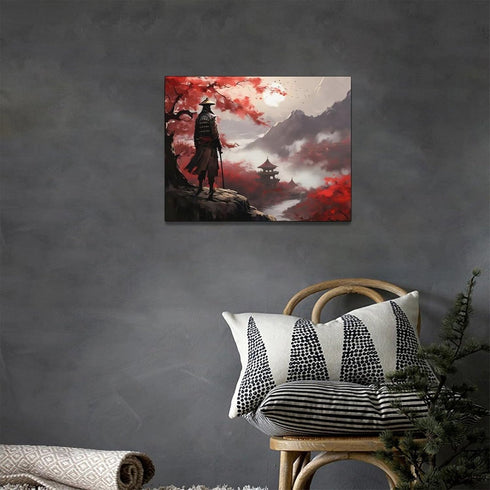 Japanese Bushido Wall Art, Red Samurai Pictures Canvas Painting for Bathroom Bedroom Living Room Office, Framed 16"x12"
