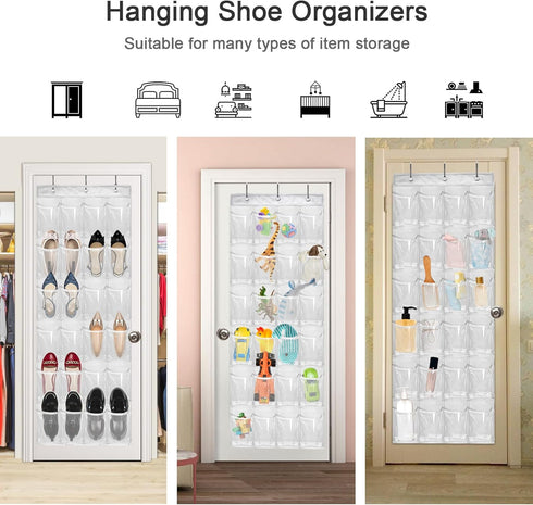 Over The Door Shoe Organizer - 2 Pack with 24 Pockets and Hooks for Space Saving, White