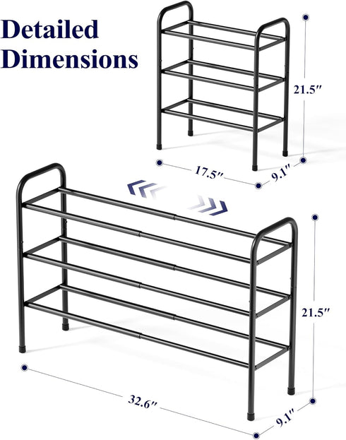2-Tier Closet, 17.5"32.6" 9.1" 21.5", Kitsure Extendable Shoe Rack - Adjustable Metal Shoe Organizer, Sturdy