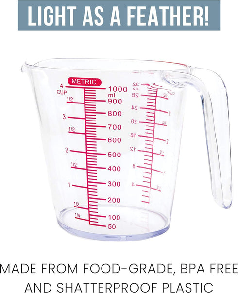 Chef Pomodoro 3-Piece Liquid Measuring Cups Set - Includes 1, 2, and 4 Cup, BPA-Free Plastic, Stackable Nesting