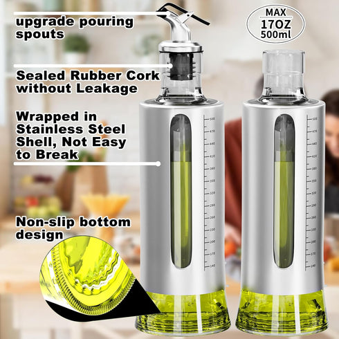 4 Pack 17oz/500 ml Set SINYWAY Oil Dispenser Bottle, Glass Olive Oil Dispenser Bottle with Shelf, Oil and Vinegar