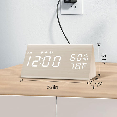 Digital Alarm Clock with Wooden LED Time Display, 3 Alarm Settings, Humidity & Temperature Detect