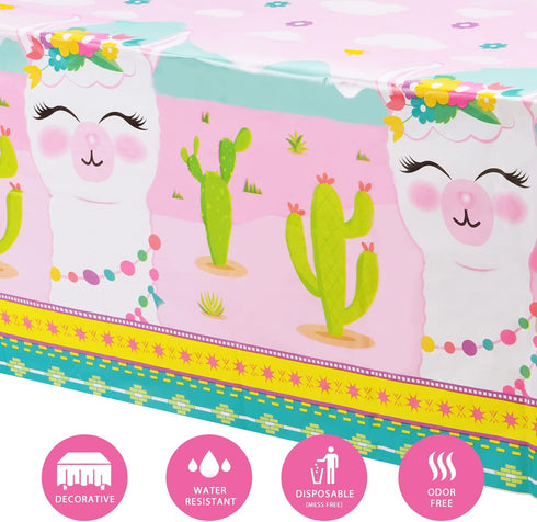 WERNNSAI 2 PCS Llama Table Cloth - Llama Birthday Decorations for Kids Girls Pink Party Supplies 54'' x 108''