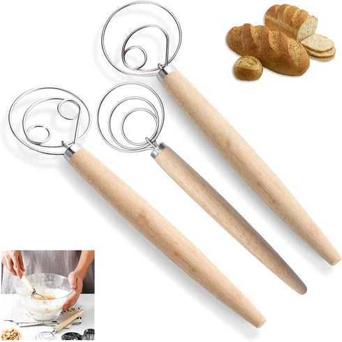 Danish Dough Whisk Sourdough Bread Mixer, 3 Pack Stainless Steel Dough Hook with Wooden Handle