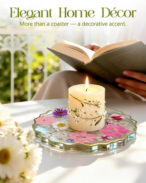 Oqplog Women,1 Resin Drink Coaster for Desk Coffee Table-Pink White Cute Dried Flowers Cup Coaster for Work Office Home