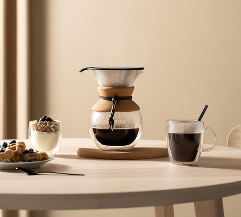 34oz Bodum Pour Over Coffee Maker, High-Heat Borosilicate Glass with Reusable Stainless Steel Filter and Double Wall