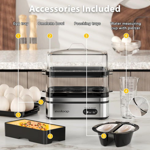 12 Evoloop Rapid Egg Cooker Electric Eggs Capacity, Soft, Medium, Hard Boiled, Poached, Omelet Maker Egg Poacher