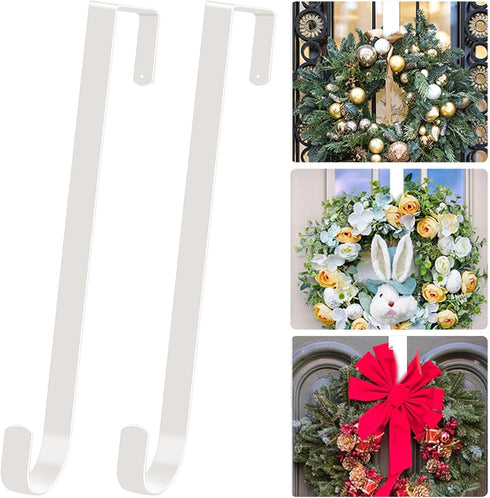 2 Pack Solid Wreath Hanger, Over The Door Metal Hook Holders for Front Door Window (White, 12 inch)