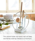 Yamazaki Home Ladle & Lid Rest - Kitchen Utensil Organizer Stand for Cooking, Steel + Wood, White
