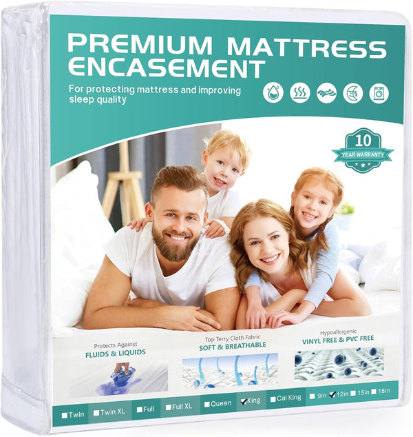 King Mattress Protector Cover - 76"x80" Fits 9-12" Deep, Waterproof Encasement with Premium Breathable Soft Fiber