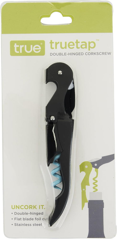 True Brands TrueTap Double Hinged Waiters Corkscrew, Stainless Steel Wine Key with Foil Cutter, Black Blue, Set of 1