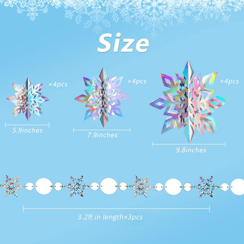 JULMELON 15Pcs Frozen 3D Hanging Snowflakes Decorations, Holographic Silver Snowflakes for Winter Wonderland Party