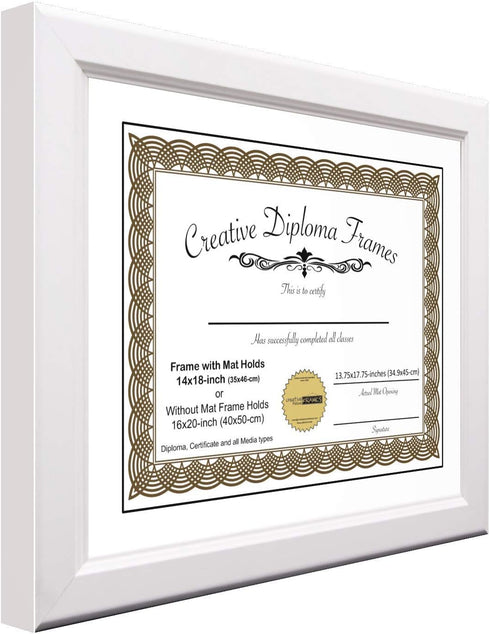 Creative 7x9 White Diploma Frame with Glass Easel, Wall Hangers, Holds 10x12 Media without Mat