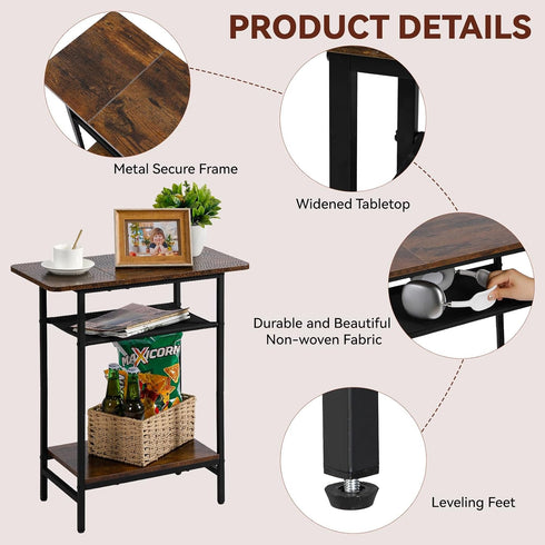 Tedheve 3-Tier Side Table for Living Room, Narrow End Table for Small Spaces with Wide Storage Tabletop,Rustic Brown