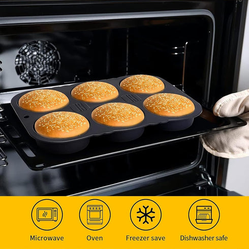 MUJUZE Hamburger Bun Pan, 6 Cavity Nonstick & Heat Resistant Mold for Homemade Burger Buns