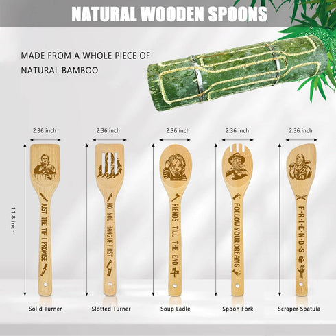 Horror Movie Merchandise Decor Gifts Wooden Spoons for Cooking, Natural Bamboo Kitchen Utensils Set 5 Pack for Holiday Party Decorations Kitchens Accessories Christmas Birthday Gift Fans Lover