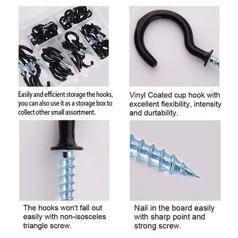 KUUQA Black Vinyl Coated Cup Hook Kit, 70 Pieces, 6 Sizes for Ceiling Screw Mug Hooks