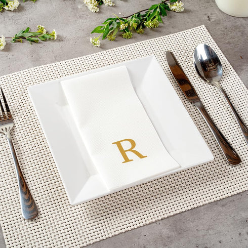 15.8 7.9 Inch 50 Luxenap X Linen-Feel Guest Towels, Lettered Hand Towels - Gold Letter 'R', Sans Serif Font, White
