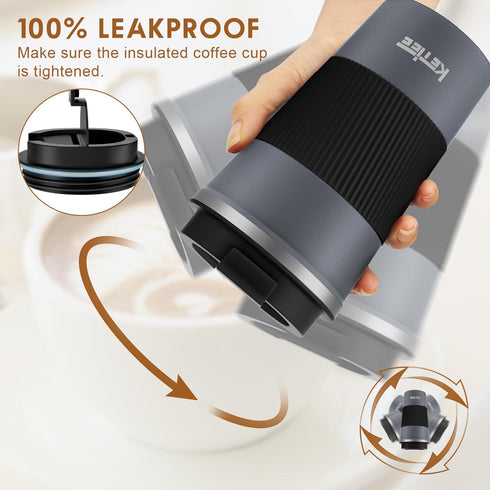 KETIEE Travel Coffee Mug, Spill Proof 12oz Insulated Reusable Coffee Cup with Seal Lid for Hot/Ice Drinks (Grey)