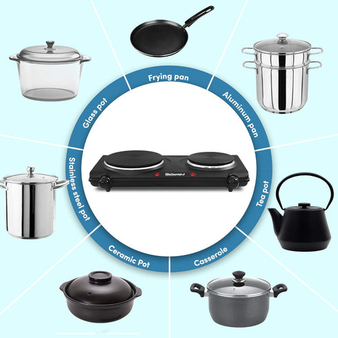 Elite Gourmet EDB-302BF Black Countertop Double Cast Iron Burner, 1500 Watts, Easy to Clean
