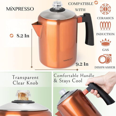 Mixpresso 37oz Stainless Steel Stovetop Coffee Percolator, 5-8 Cup Copper Coffee Pot for Camping