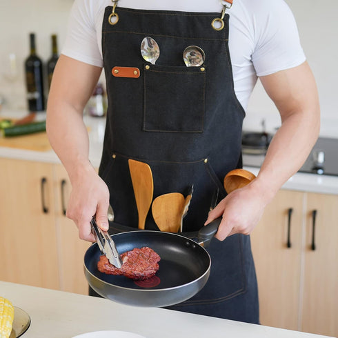 Chef Apron Canvas for Men, Work Apron with Large Pockets - 16oz Heavy Duty Cross Back, BBQ, Cooking
