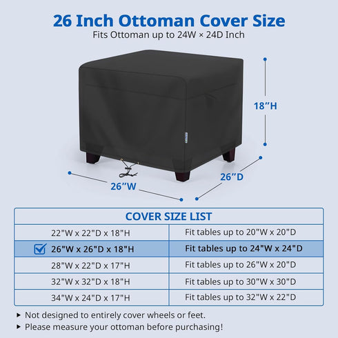 26W 26D 18H, SunPatio Outdoor Ottoman Cover, Waterproof Square Coffee Table Cover, Patio Furniture Side Table Cover