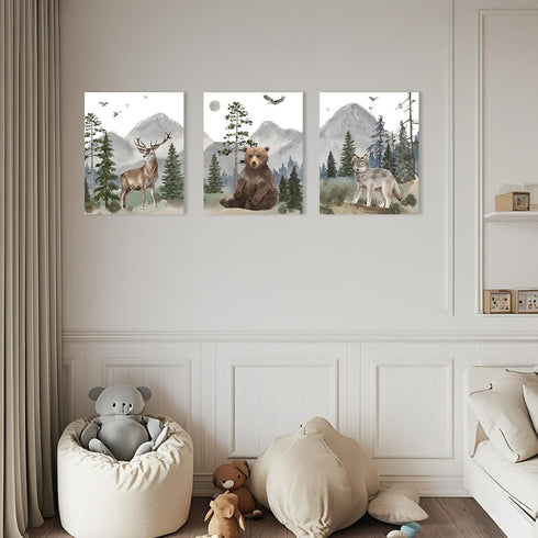 16"x24" Set 3, Woodland Animal Nursery Wall Art: Forest Wildlife Prints Canvas Posters of Wolf Bear Elk Pictures
