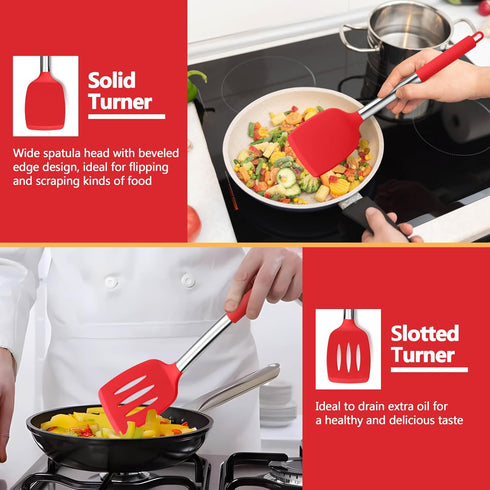 P&P CHEF Red Cooking Utensils Set of 4, Heat-proof Silicone Turner Spoon for Nonstick Cookware, Dishwasher Safe