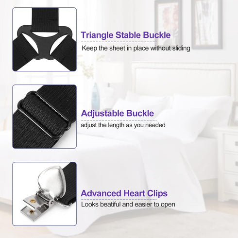 Bed Sheet Fasteners, Triangle Sheet Straps, 3 Way Fitted Bed Corner Holder, 4PCS