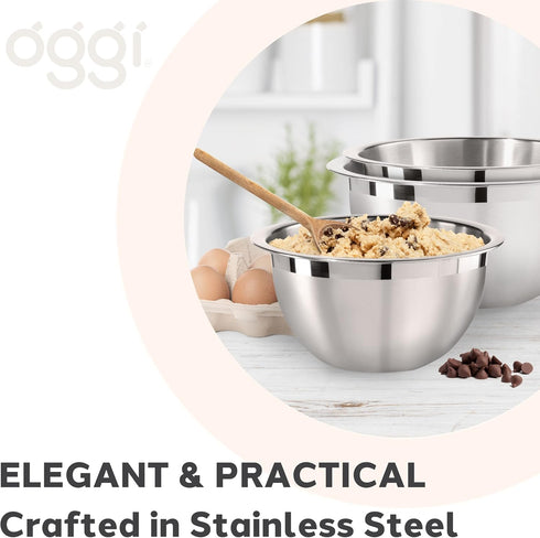 Oggi 3-Quart Two-Tone Stainless Steel Mixing Bowl for Mixing, Making Dough, Dressing Salads, Washing Vegetables